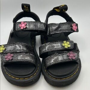 Dr. Martens Kids Black Glitter Sandals with Pink and Yellow Flower Accents